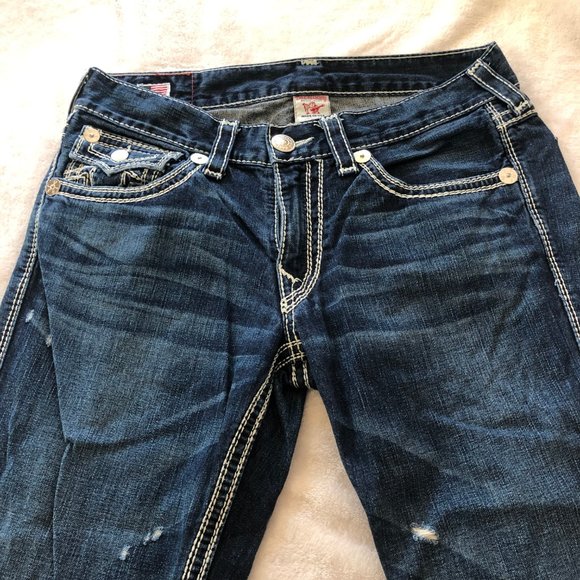 True Religion Ricky Big QT (Straight) Dark Wash White Bold Stitching Size 33 - Picture 3 of 16